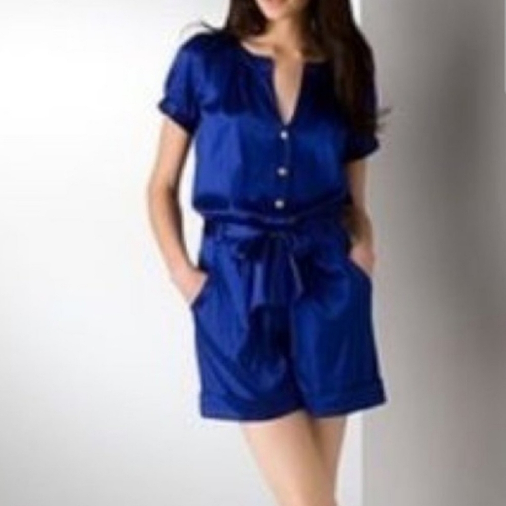 Diane Von Furstenberg Heartie Blue Silk Blend Romper Jumper Shorts Size 0